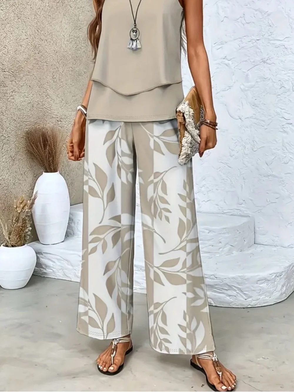 Women's Beige Leaf-Print Wide Leg Pants - Picture 1 of 8